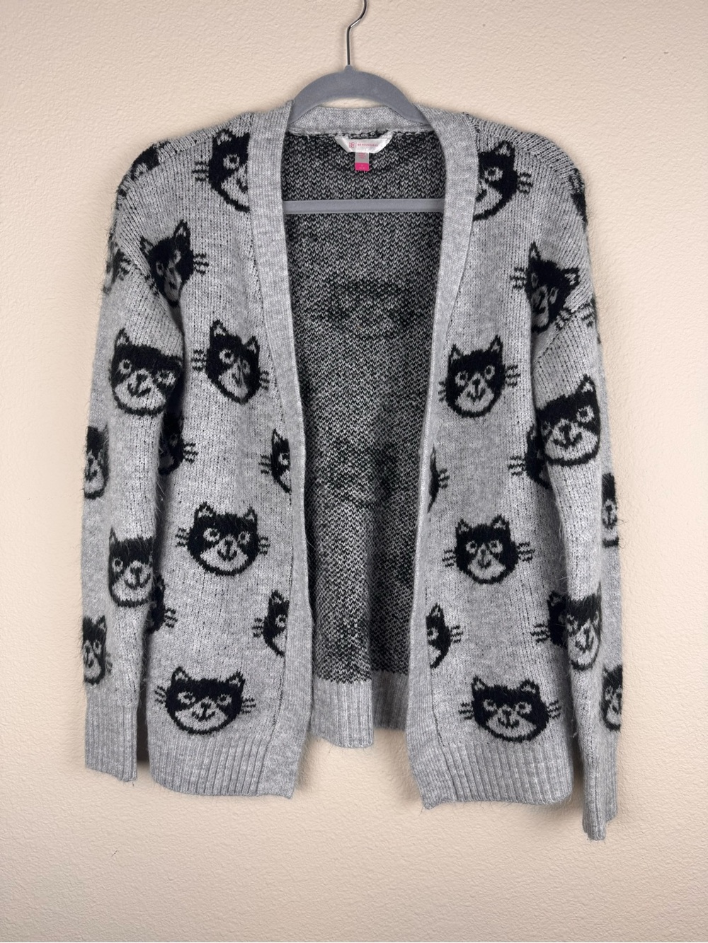 No Boundaries Womens S 3-5 Cat Print Cardigan Sweater Gray Black Open Front
